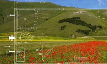 Colline e prati fioriti nella zona di Norcia e in sovrapposizione la pianta di un container donato alle zone terremotate.
