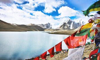 Vista di un lago glaciale himalayano con le montagne innevate intorno e le tipiche bandiere di preghiera tibetane in primo piano. L'immagine introduce il tema della videosorveglianza e cambiamento climatico.